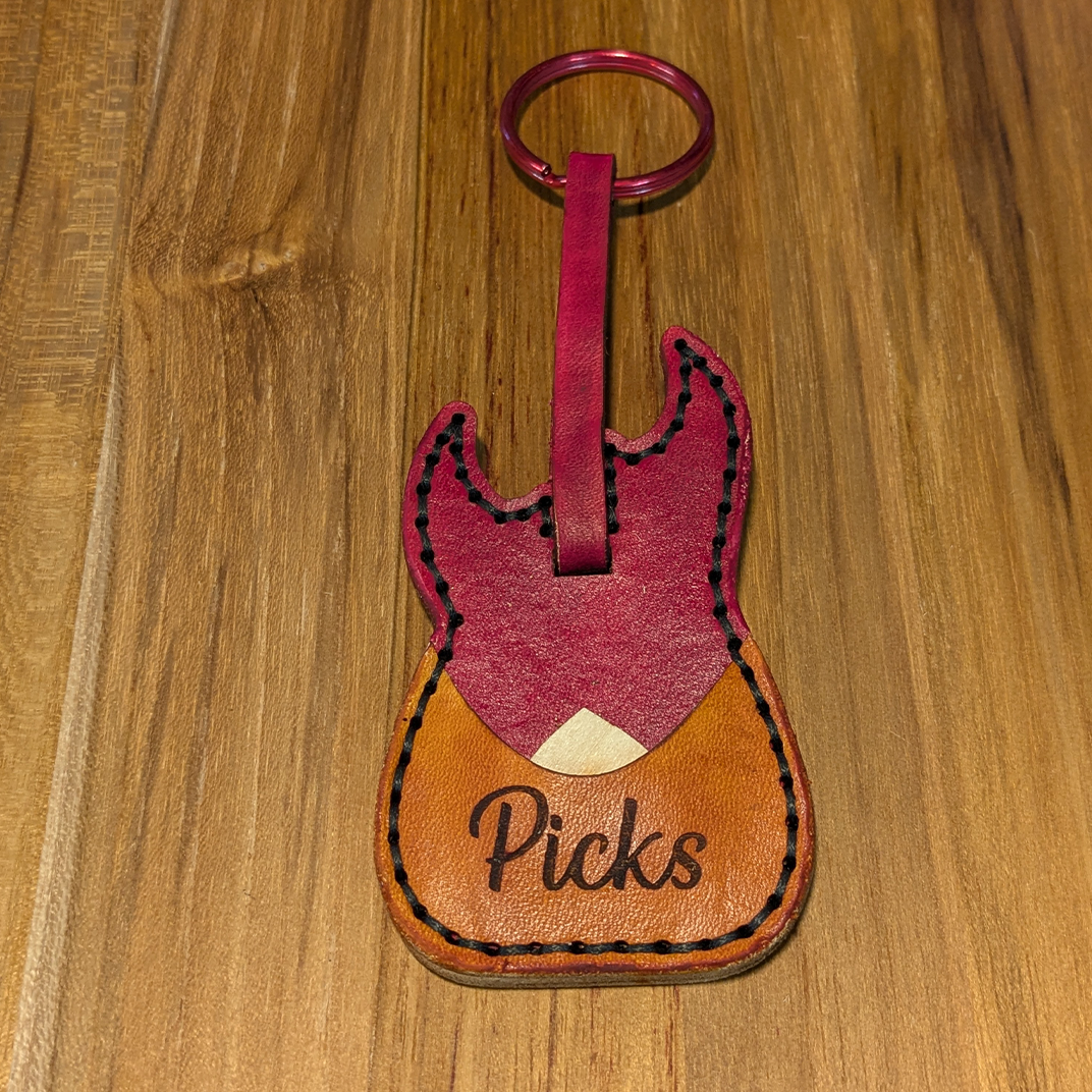Customizable Leather Guitar Keychain with Pick Pocket – Hand-Stitched, Top-Grain Leather, Musician, Personalized