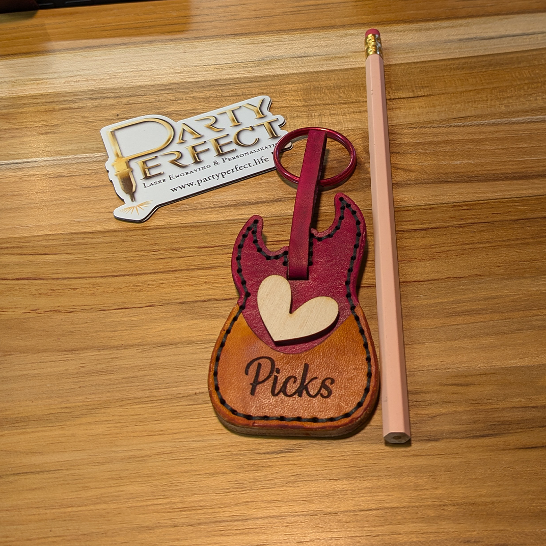 Customizable Leather Guitar Keychain with Pick Pocket – Hand-Stitched, Top-Grain Leather, Musician, Personalized