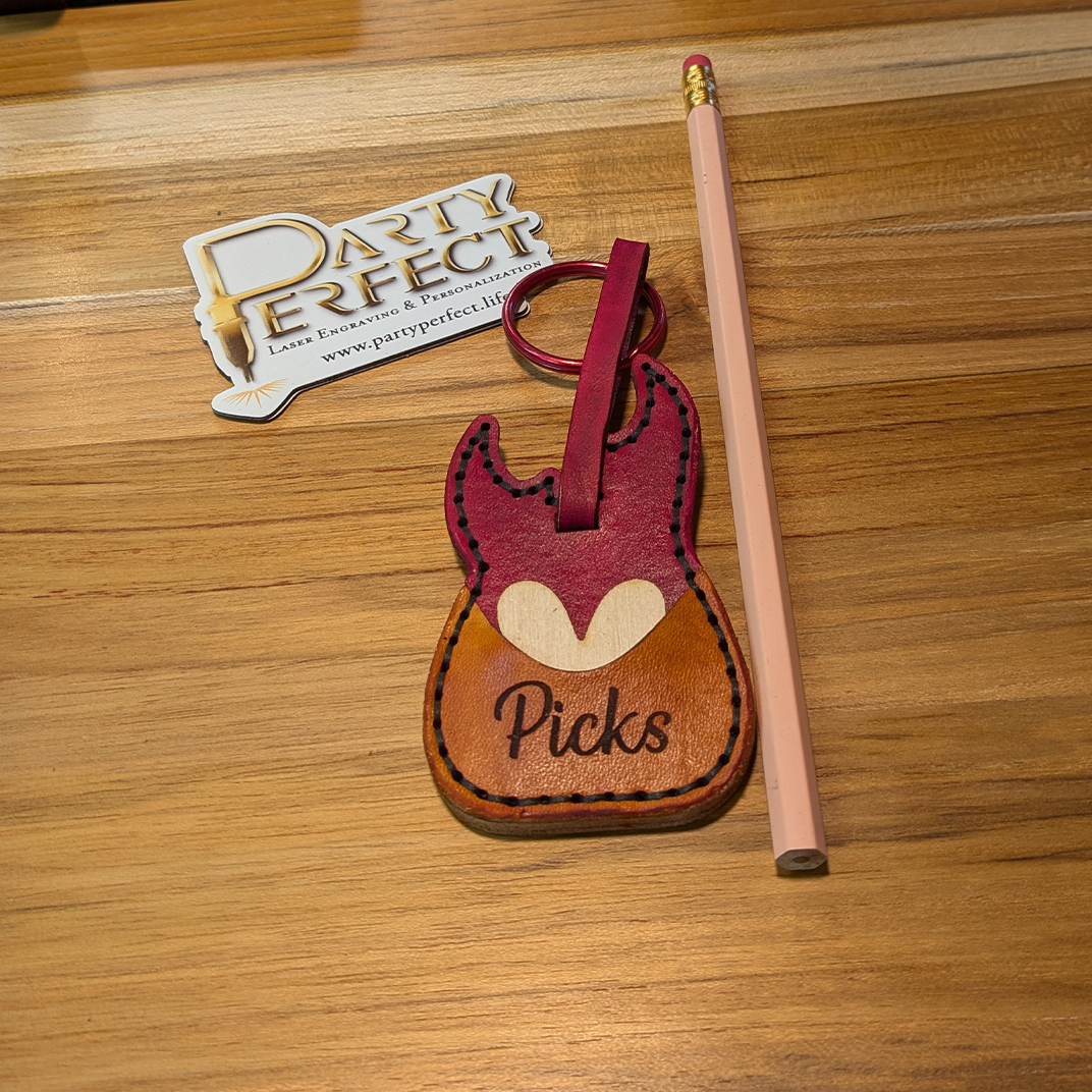 Customizable Leather Guitar Keychain with Pick Pocket – Hand-Stitched, Top-Grain Leather, Musician, Personalized