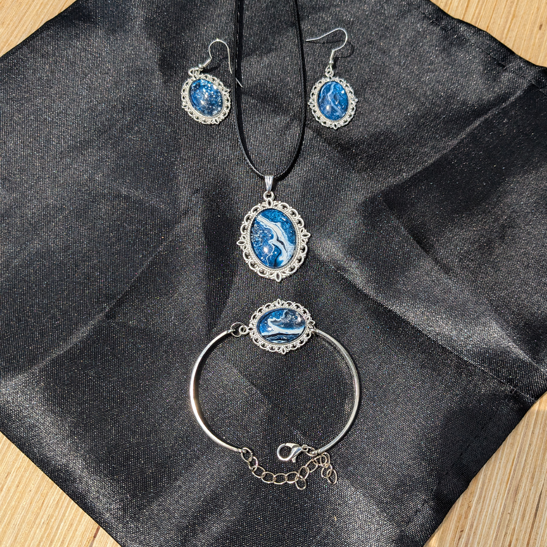 Necklace, Earrings, Bracelet Stainless Steel Set, Blue/Silver Marbling