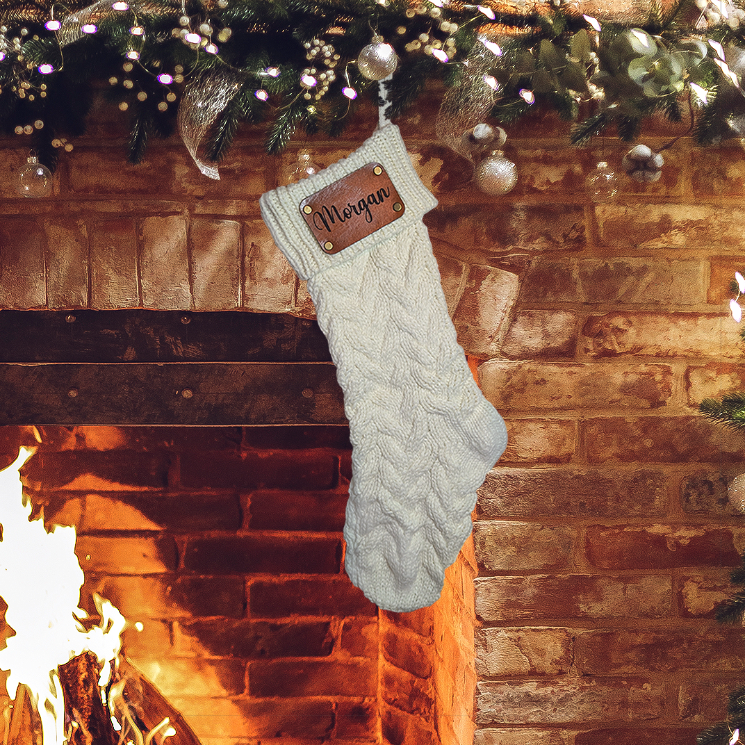 Personalized Knit Christmas Stocking with Leather Name Tag