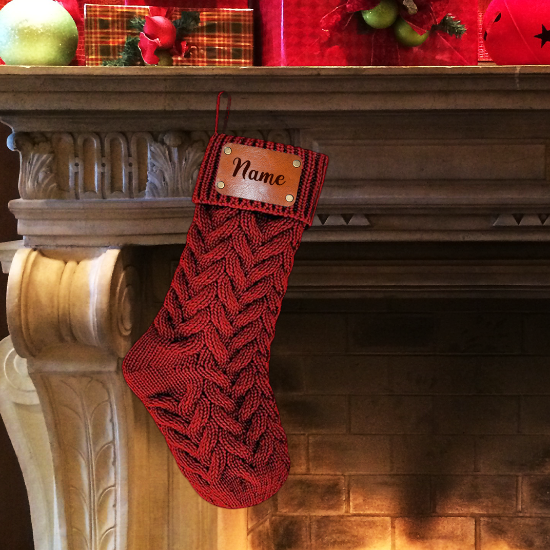 Personalized Knit Christmas Stocking with Leather Name Tag