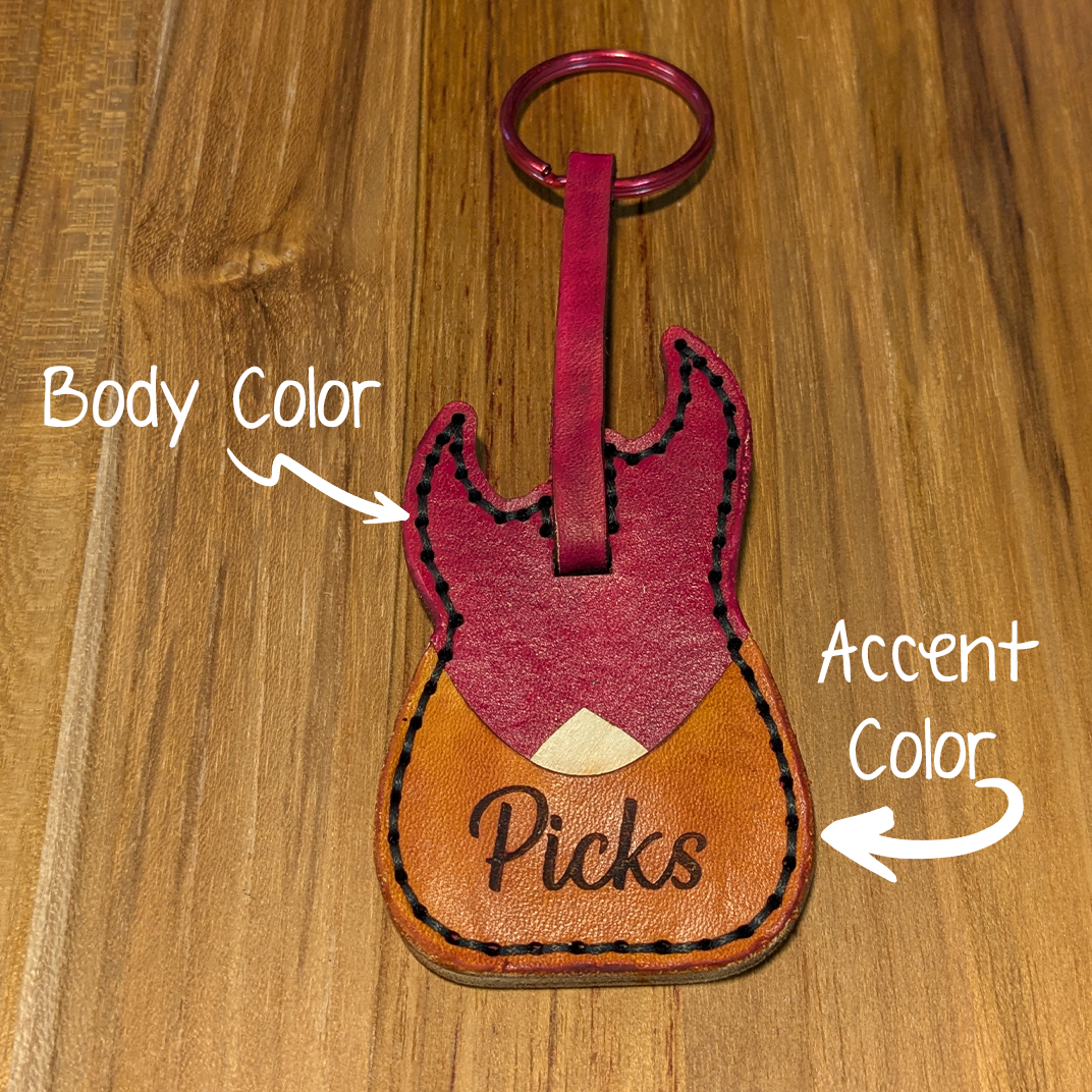 Customizable Leather Guitar Keychain with Pick Pocket – Hand-Stitched, Top-Grain Leather, Musician, Personalized